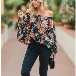 LPA Floral Black Linen Bodysuit Drop Shoulder Wide Bell Sleeves – Size Small